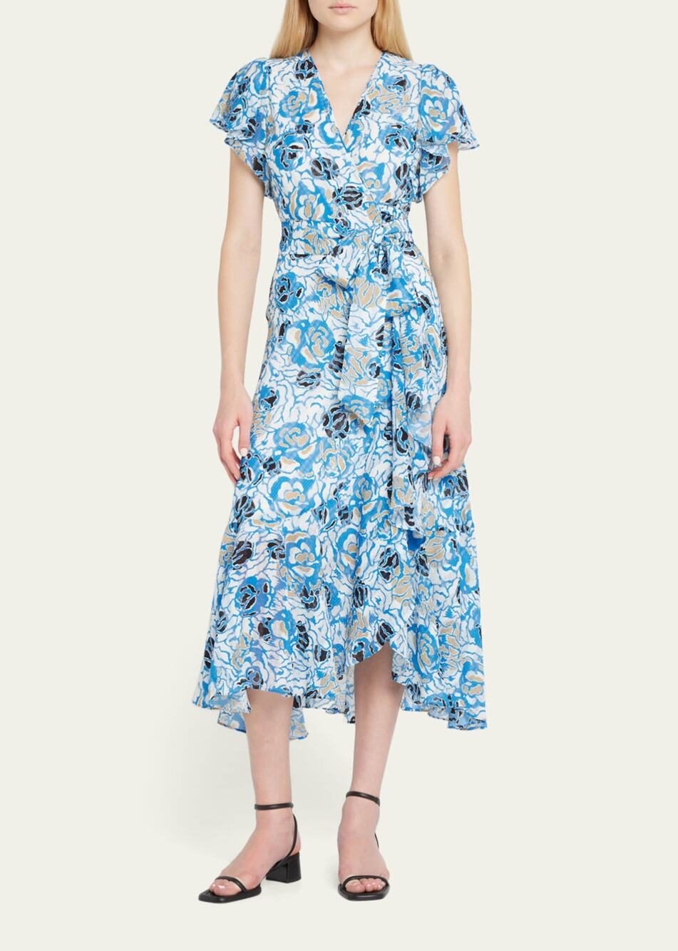 Tanya Taylor Blaire Blue Floral Print Flutter Sleeve Midi Wrap Dress Size 16